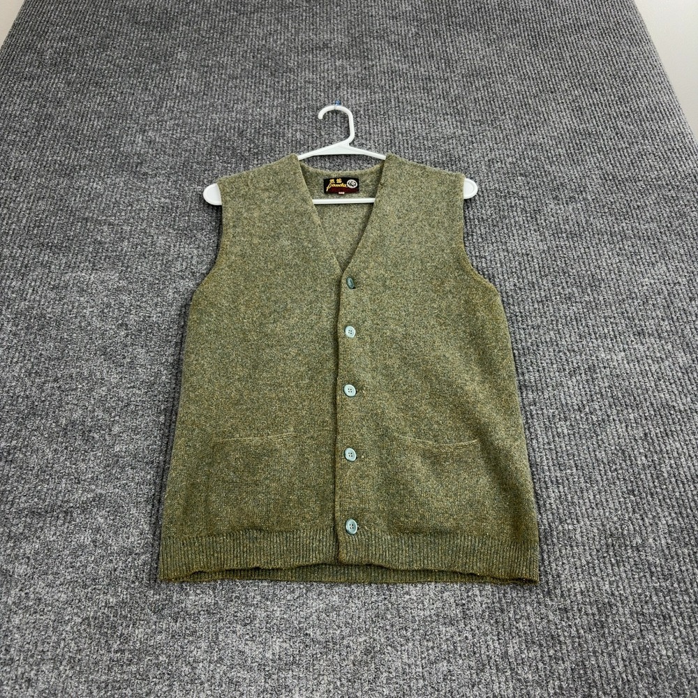 Vintage Panda Sweater Vest Mens 38 Green Lambs Wool Angora Button Up Retro Style
